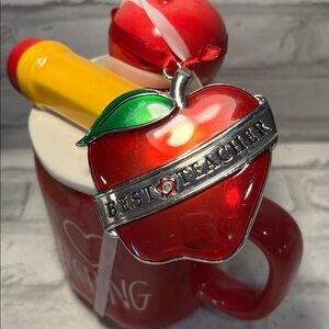 Red Teaching Mug with Apple and Pencil Lid Rae Dunn coffee mug Harvey Lewis gift